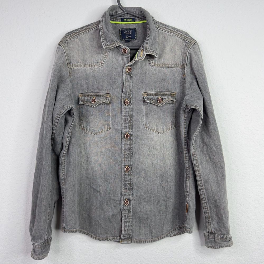 Indian Terrain Shirt Boy 8-9Y Grey Denim Button Western Outdoor Gorpcore Utility